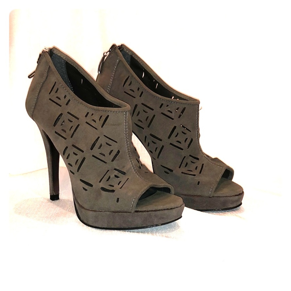 Grey suede peep toe bootie heels
